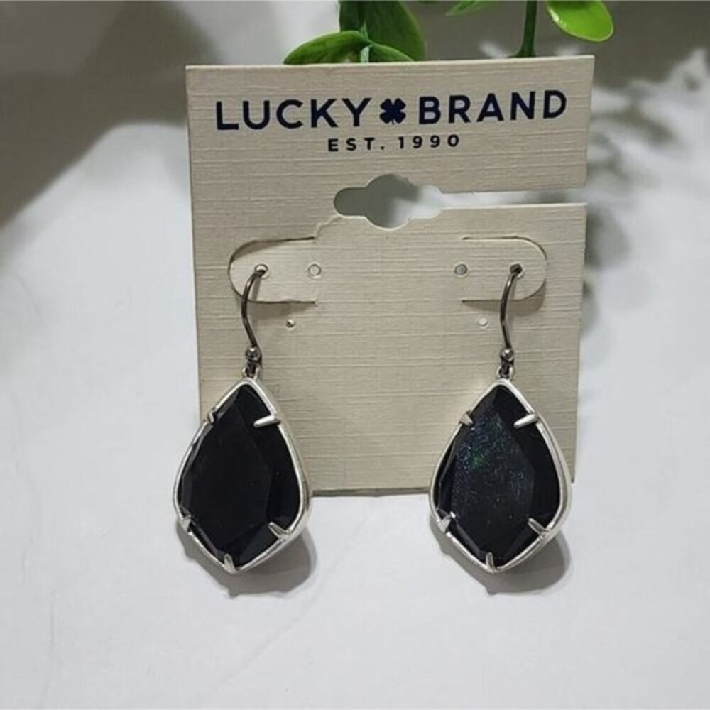Lucky Brand Silver Tone Black Faceted Teardrop Drop Earrings Boho French Hook